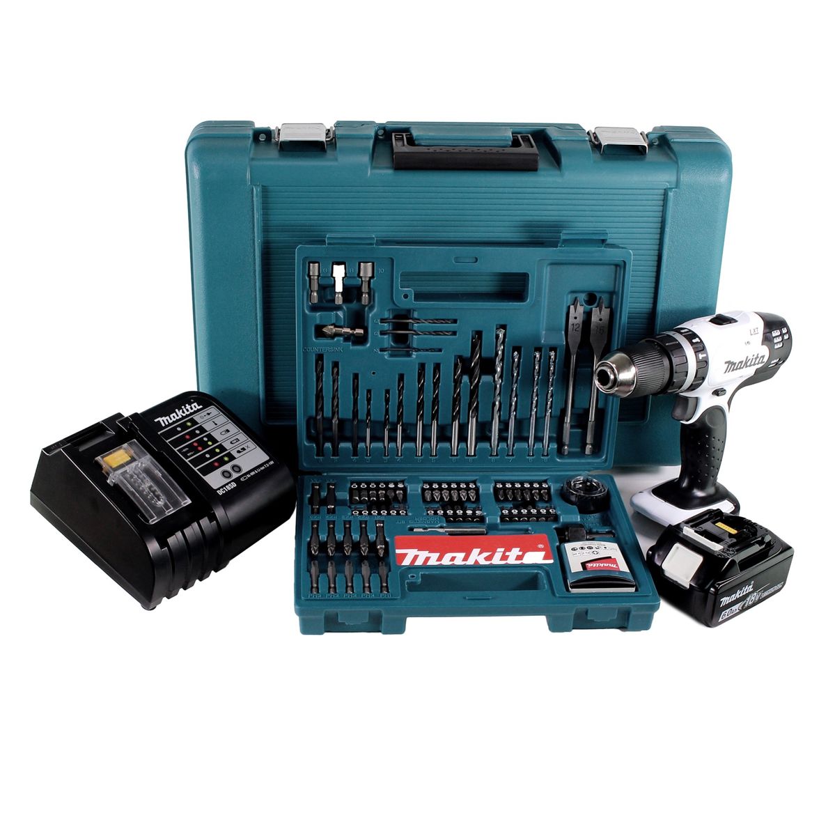 Makita DHP 453 SGTK W Akku Schlagbohrschrauber 18 V 42Nm + 1x Akku 6,0Ah + Ladegerät + 100 tlg. Bit Bohrer Set + Koffer