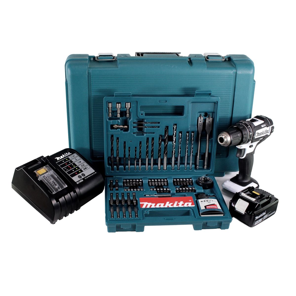 Makita DHP 482 STK W Akku Schlagbohrschrauber 18 V 62Nm + 1x Akku 5,0Ah + Ladegerät + 100 tlg. Bit Bohrer Set + Koffer - Toolbrothers