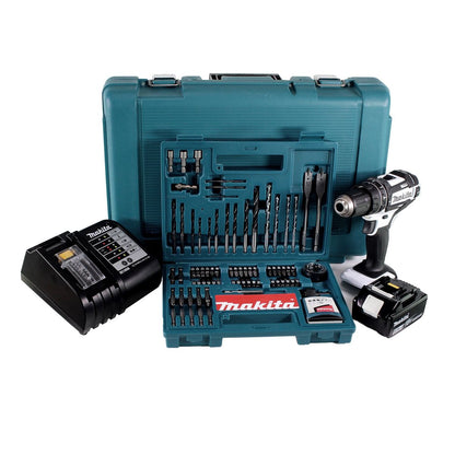 Makita DHP 482 SGK W Akku Schlagbohrschrauber 18 V 62Nm + 1x Akku 6,0Ah + Ladegerät + 100 tlg. Bit Bohrer Set + Koffer - Toolbrothers