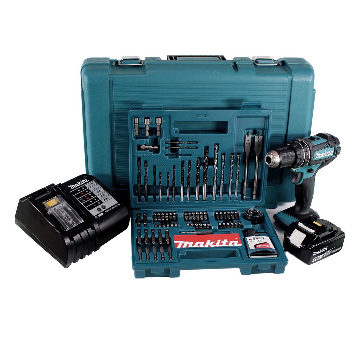 Makita DHP 482 STK  Akku Schlagbohrschrauber 18 V 62Nm + 1x Akku 5,0Ah + Ladegerät + 100 tlg. Bit Bohrer Set + Koffer - Toolbrothers