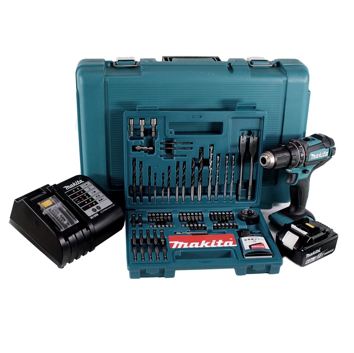 Makita DHP 482 SGK  Akku Schlagbohrschrauber 18 V 62Nm + 1x Akku 6,0Ah + Ladegerät + 100 tlg. Bit Bohrer Set + Koffer - Toolbrothers