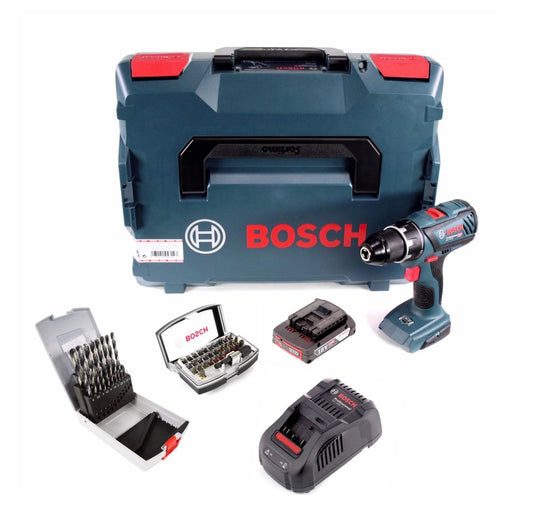 Perceuse-visseuse sans fil Bosch GSR 18V-28 18V 63Nm + 1x batterie 2,0Ah + chargeur + 19 pièces. Coffret de forets + jeu d'embouts 32 pièces + L-Boxx