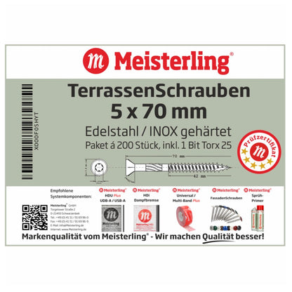 Meisterling Vis de terrasse 5x70 mm 200 pièces (010010000031) CUT point 90 ° tête fraisée à tête fraisée avec Torx 2/3 gros filetage VA acier inoxydable