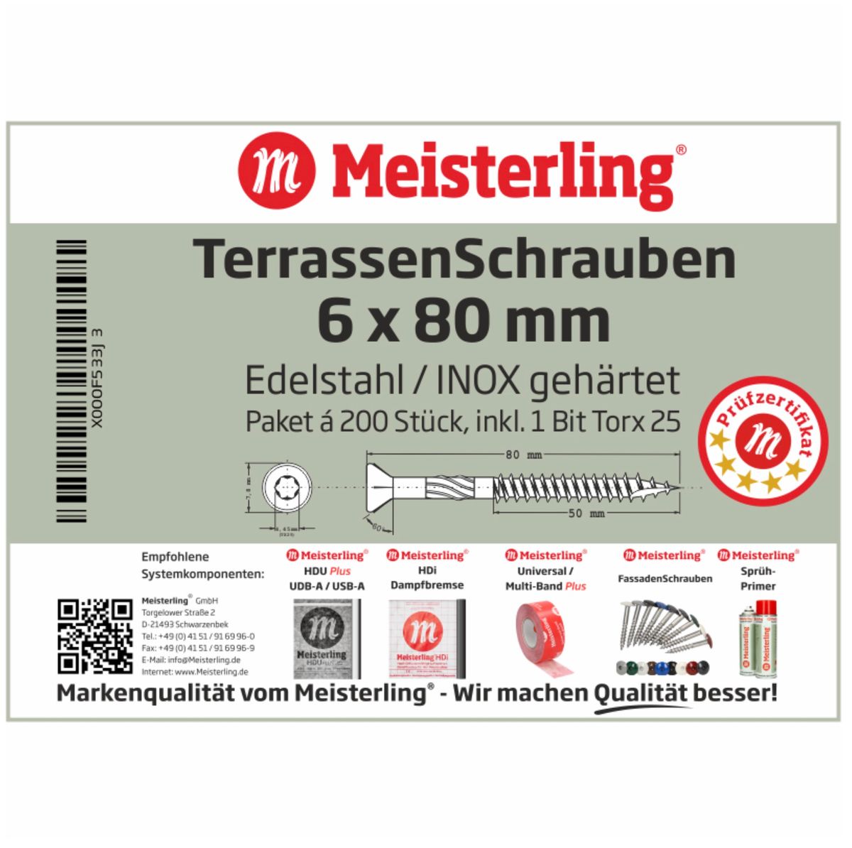 Meisterling Terrassenschrauben 6x80 mm 200 Stück ( 010010000041 ) CUT Spitze 90° Linsen Senkkopf mit Torx 2/3 Grobgewinde VA Edelstahl