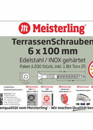 Meisterling Vis de terrasse 6x100 mm - 200 pièces (010010000051) CUT point 90 ° tête fraisée à tête fraisée avec Torx 2/3 gros filetage VA acier inoxydable