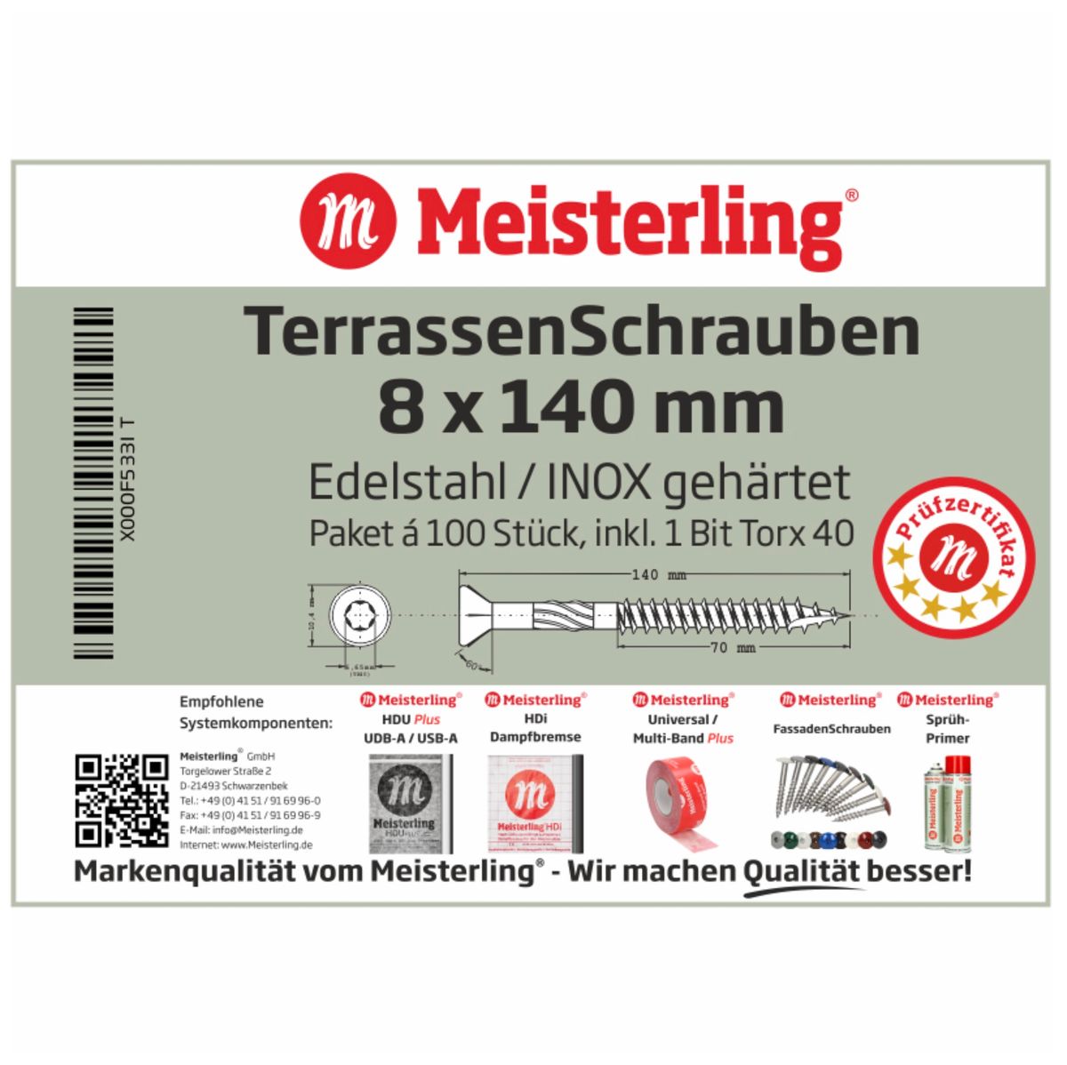 Meisterling Vis de terrasse 8x140 mm - 100 pièces (010010000071) CUT point 90 ° tête fraisée à tête fraisée avec Torx 2/3 gros filetage VA acier inoxydable