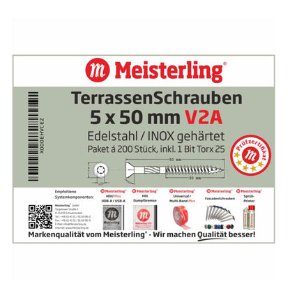 Meisterling Vis de terrasse 5x50 mm - 200 pièces (010010000201) CUT point 90 ° tête fraisée à tête fraisée avec Torx 2/3 gros filetage V2A acier inoxydable