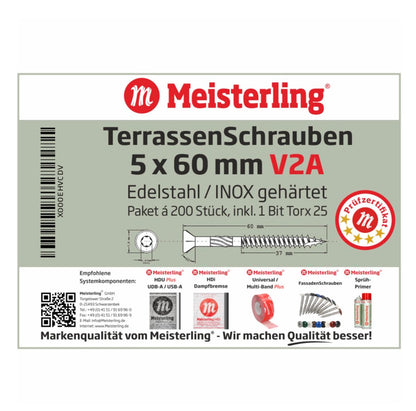 Meisterling Vis de terrasse 5x60 mm - 200 pièces (010010000211) CUT point 90 ° tête fraisée à tête fraisée avec Torx 2/3 gros filetage V2A acier inoxydable