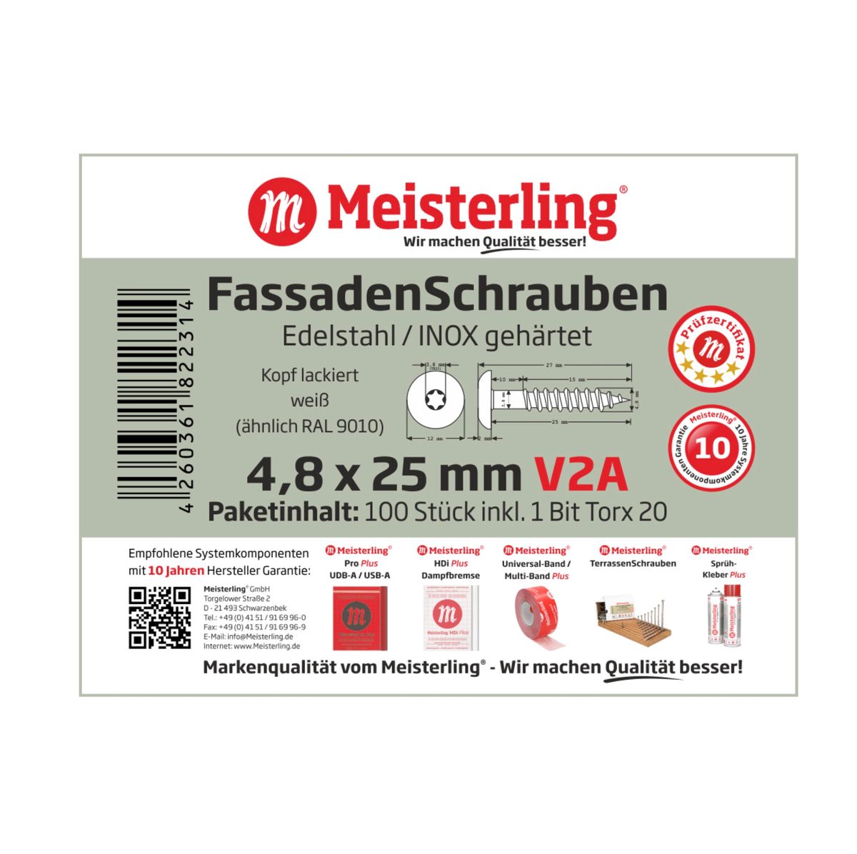 Meisterling Vis de façade 4.8x25 mm - 100 pièces (010020000001) 12 mm tête plate blanche + Filetage partiel Torx V2A acier inoxydable