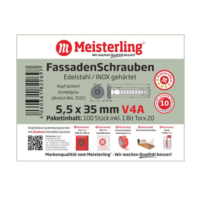 Meisterling Vis de façade 5,5x35 mm, 100 pcs., tête plate 12 mm, filetage partiel, empreinte Torx, acier inoxydable V4A, gris foncé (010030000115)