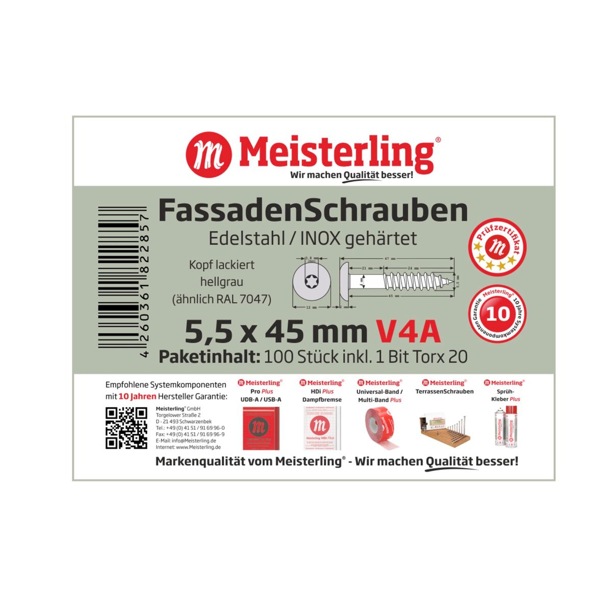 Meisterling Vis de façade 5,5x45 mm, 100 pcs., tête plate 12 mm, filetage partiel, empreinte Torx, acier inoxydable V4A, gris clair  (010030000341)