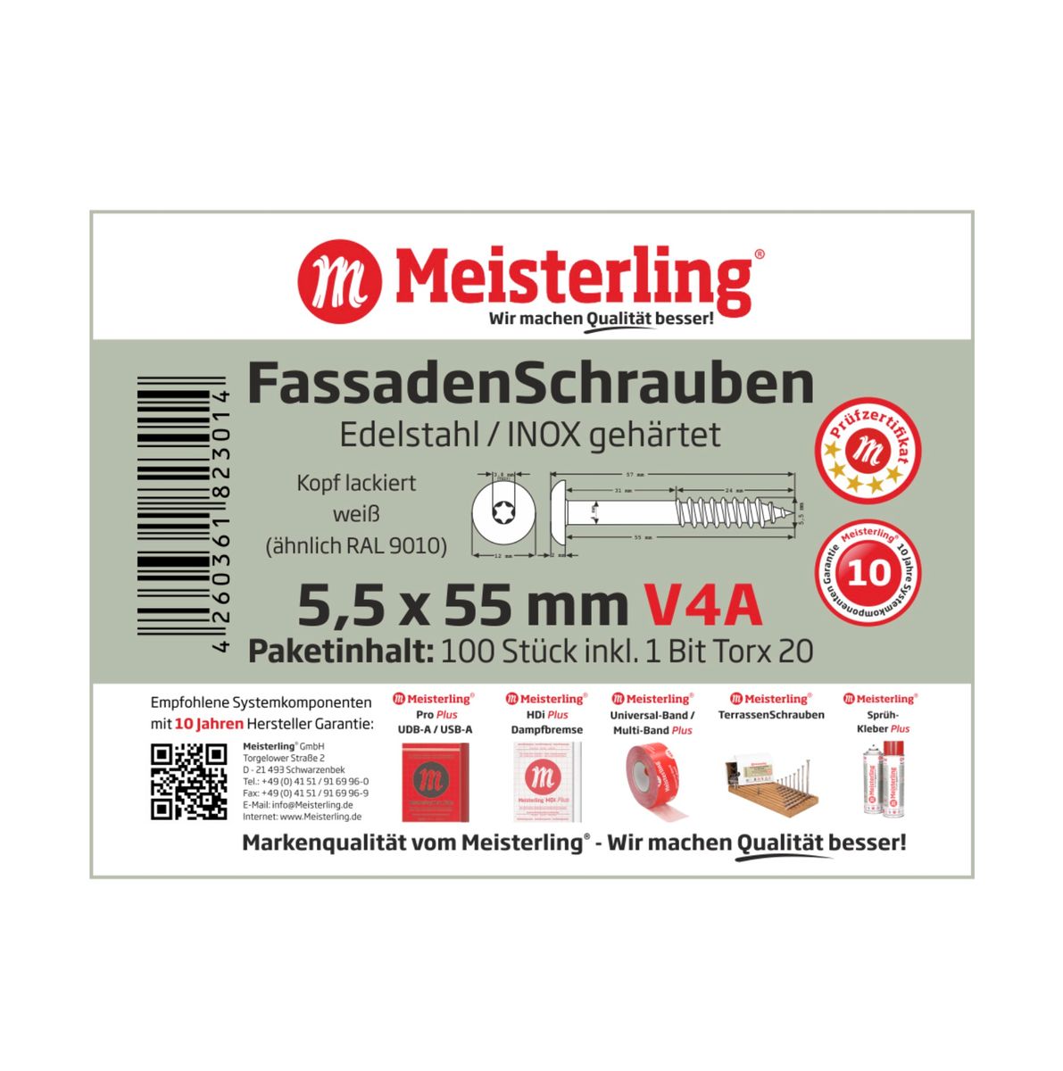 Meisterling Vis de façade 5,5x55 mm, 100 pcs., tête plate 12 mm, filetage partiel, empreinte Torx, acier inoxydable V4A, blanc (010030000411)