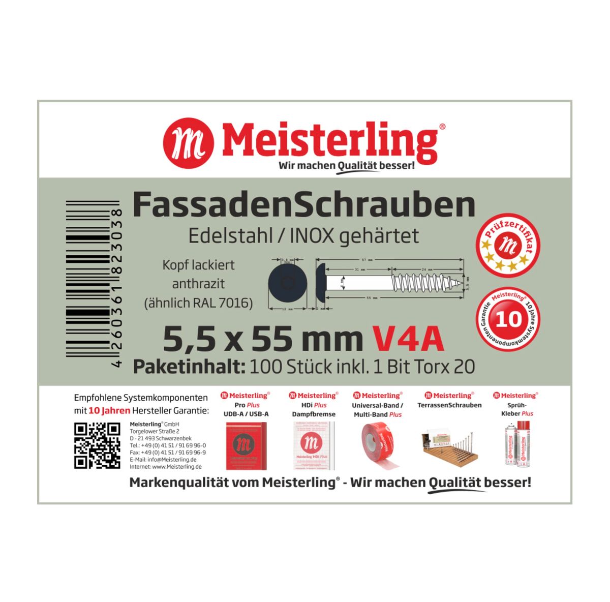 Meisterling Vis de façade 5,5x55 mm, 100 pcs., tête plate 12 mm, filetage partiel, empreinte Torx, acier inoxydable V4A, anthracite (010030000421)