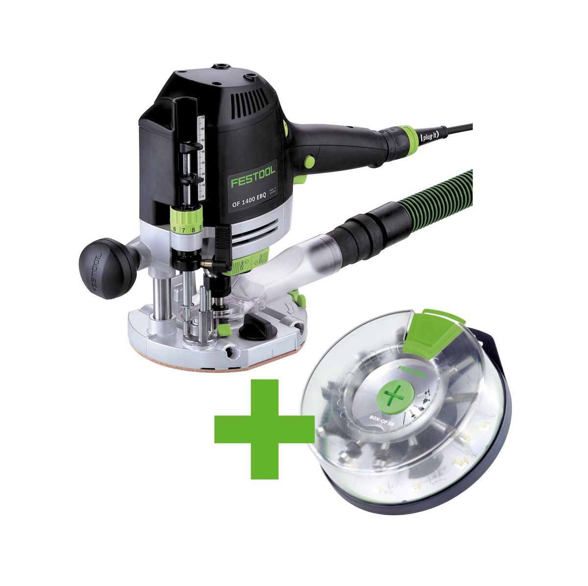 Festool OF 1400 EBQ-PLUS Oberfräse 1400W 70mm Hub ( 574398 ) + Zubehör + Box-OF-S 8/10x HW Fräser Box 10 tlg. + Systainer - Toolbrothers