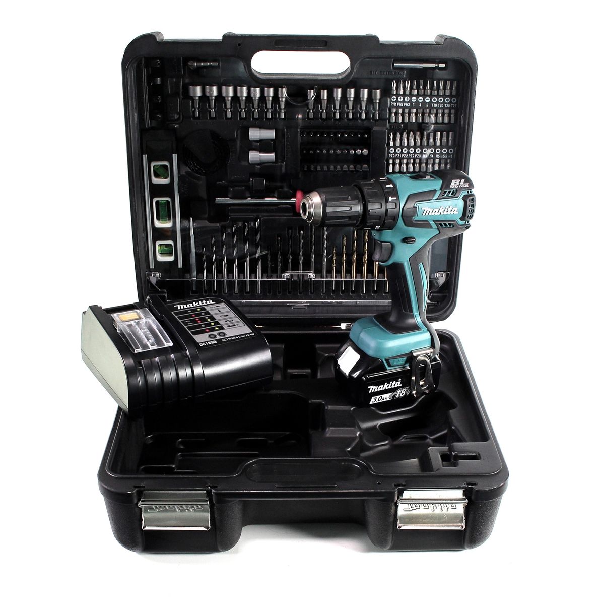 Makita DHP 459 SFTK perceuse à percussion sans fil 18 V 45 Nm sans balais + 1 batterie 3,0 Ah + chargeur + jeu d'accessoires 101 pièces + mallette