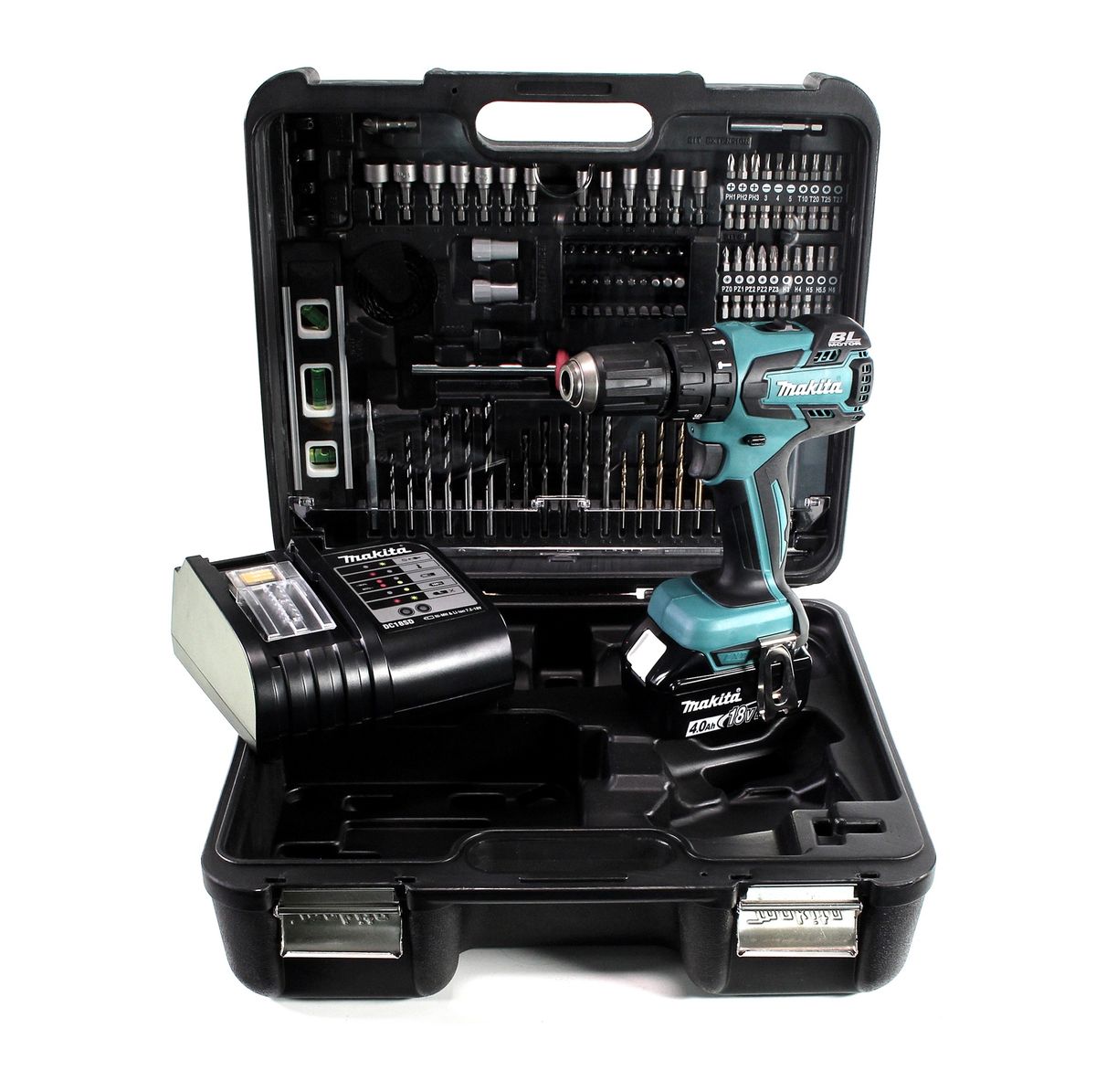 Makita DHP 459 SMTK perceuse à percussion sans fil 18 V 45 Nm sans balais + 1 batterie 4,0 Ah + chargeur + jeu d'accessoires 101 pièces + mallette