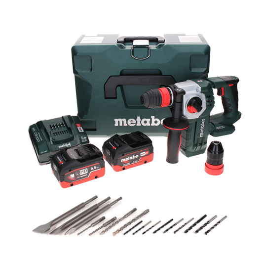 Metabo KHA 18 LTX BL 24 Quick Akku Kombihammer 18 V 2,2 J SDS-plus Brushless + 2x LiHD Akku 5,5 Ah + Ladegerät + Meißel und Bohrer Set 16tlg. SDS plus + MetaLoc