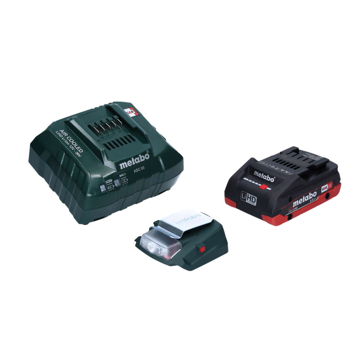 Metabo PA 14,4-18 LED-USB adaptateur secteur pour batterie, kit de base avec 1x batterie LiHD 4,0 Ah + chargeur ASC55