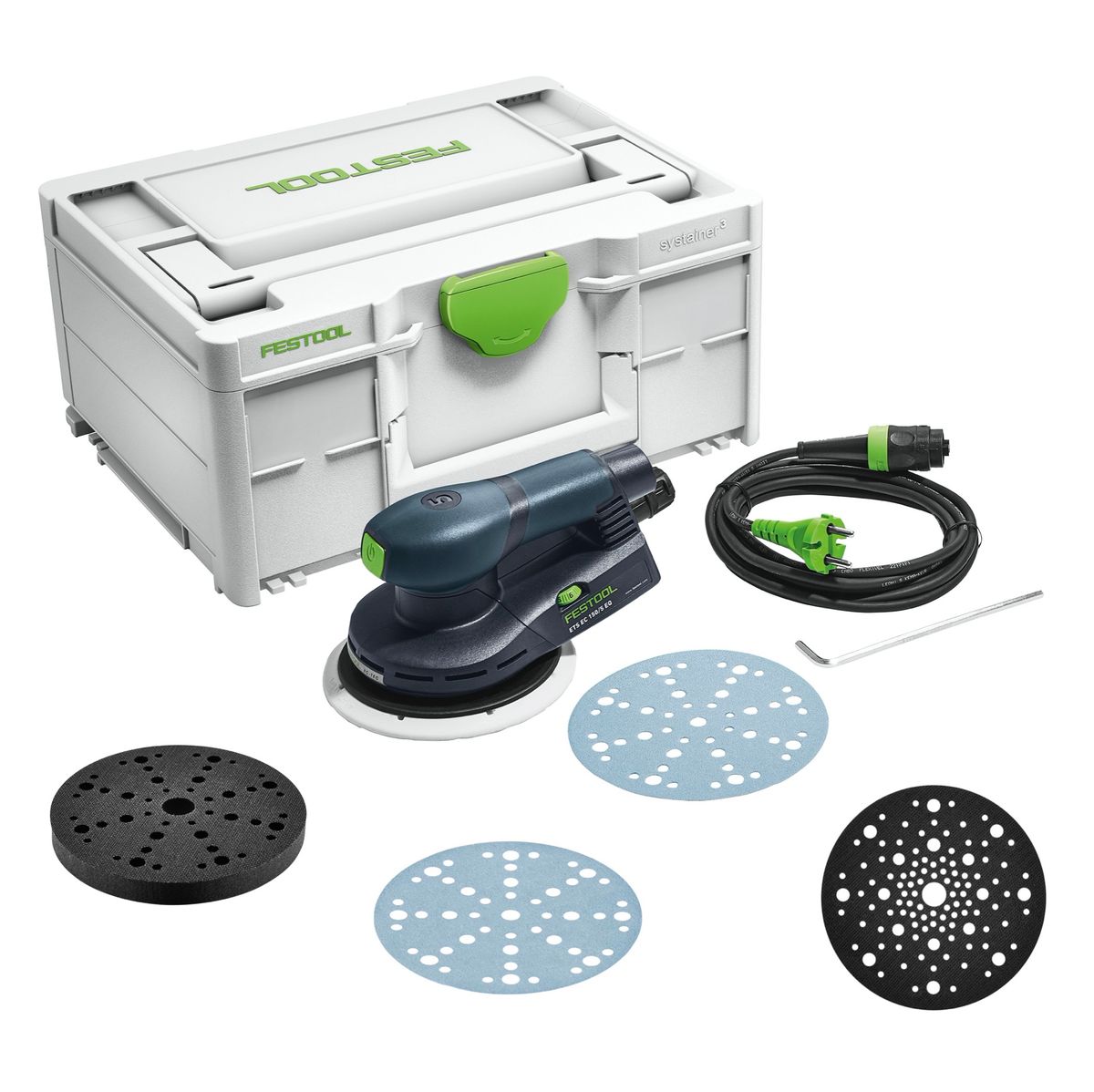 Festool ETS EC 150/5 EQ-Plus Exzenterschleifer 400 W 150 mm Brushless + 250x Schleifscheibe + 2x Protection Pad + Interface Pad + systainer - Toolbrothers