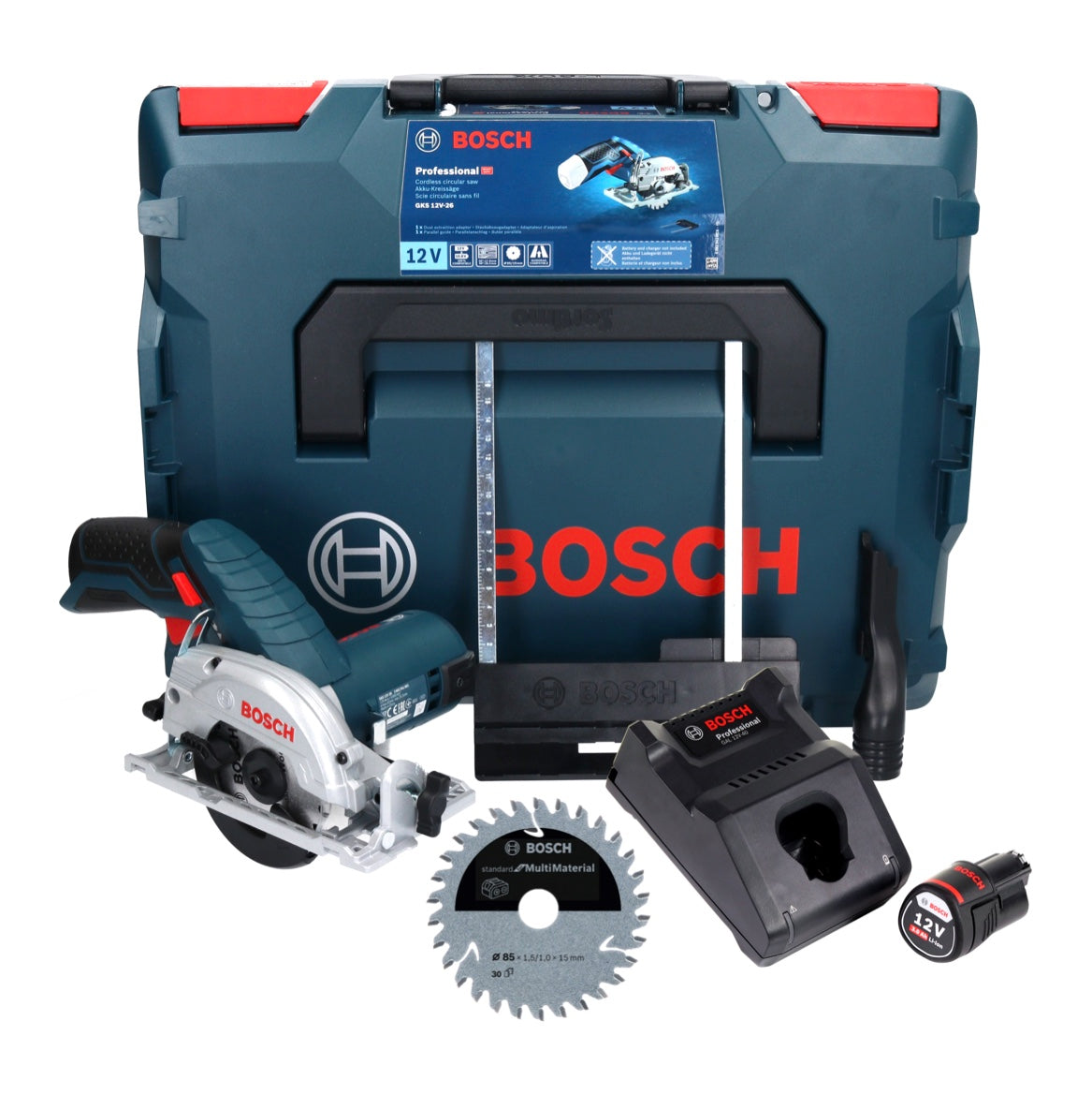 Bosch GKS 12V-26 Professional Akku Handkreissäge 12 V 85 mm + 1x Akku 3,0 Ah + Ladegerät + Sägeblatt + L-Boxx