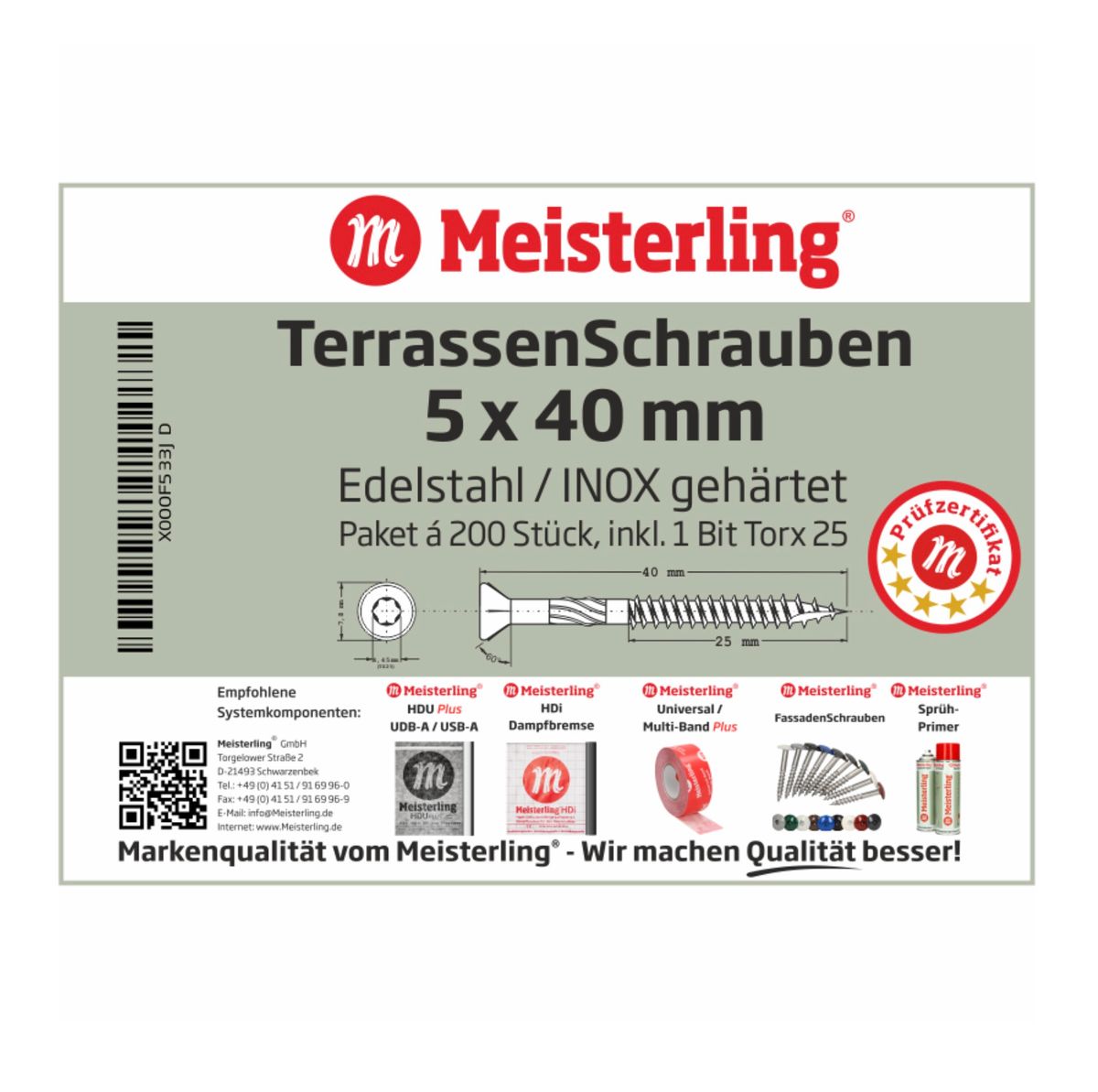 Meisterling Vis pour terrasse 90° 5x40 mm, 1200 pcs., tête fraisée, filetage Torx 2/3, acier inoxydable VA (6x 0100100001)