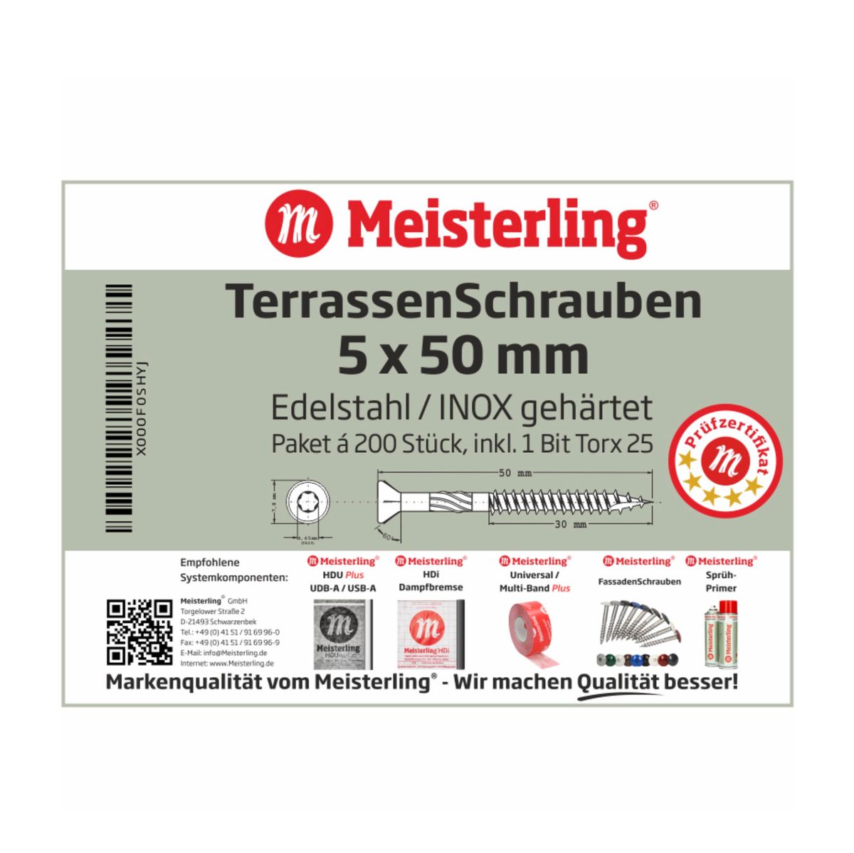 Meisterling Vis pour terrasse 90° 5x50 mm, 1200 pcs., tête fraisée, filetage Torx 2/3, acier inoxydable VA (6x 0100100001)