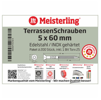 Meisterling Vis pour terrasse 90° 5x60 mm, 1200 pcs., tête fraisée, filetage Torx 2/3, acier inoxydable VA (6x 010010000021)