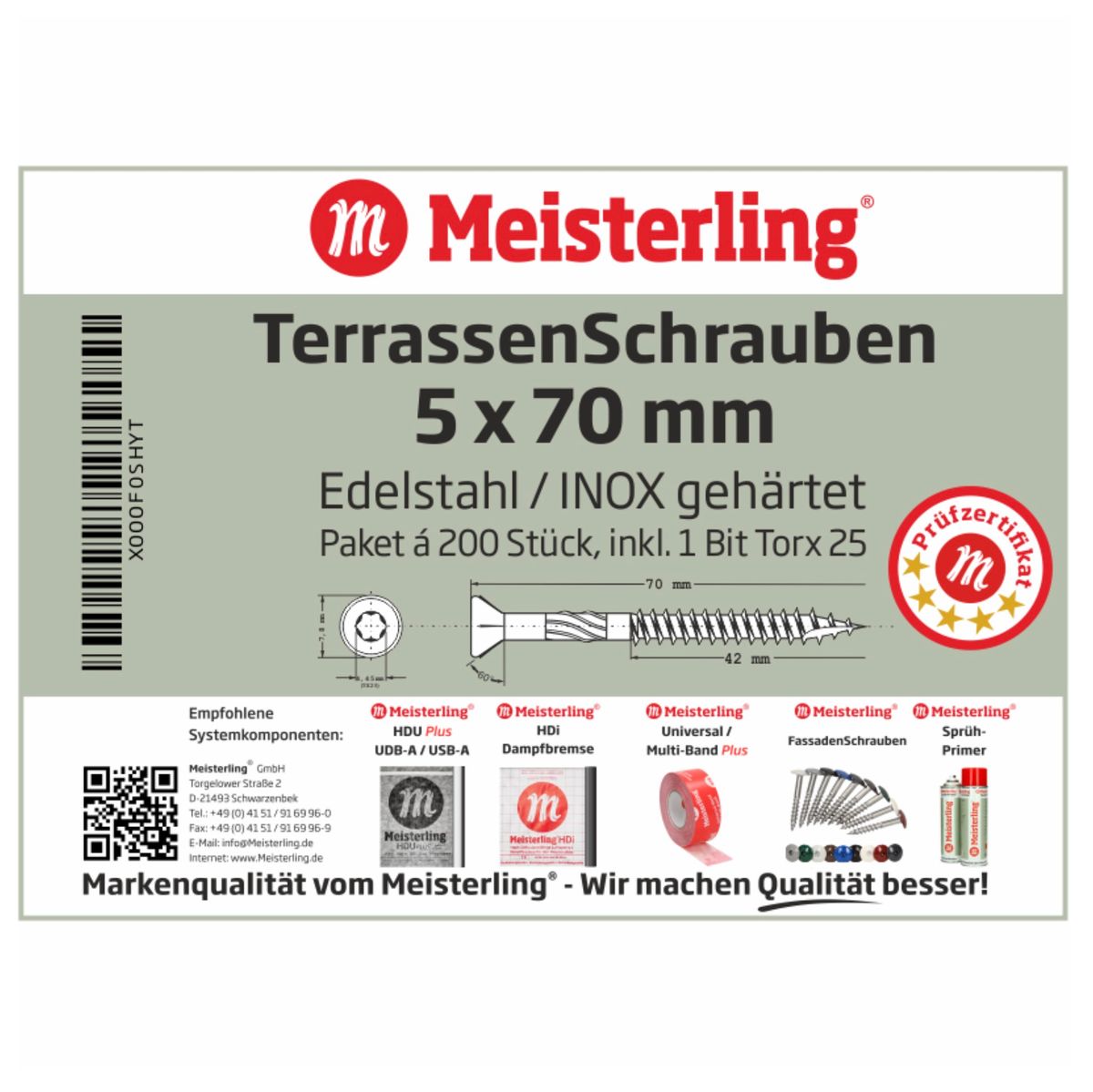 Meisterling Vis pour terrasse 90° 5x70 mm, 1000 pcs., tête fraisée, filetage Torx 2/3, acier inoxydable VA (5x 010010000031)