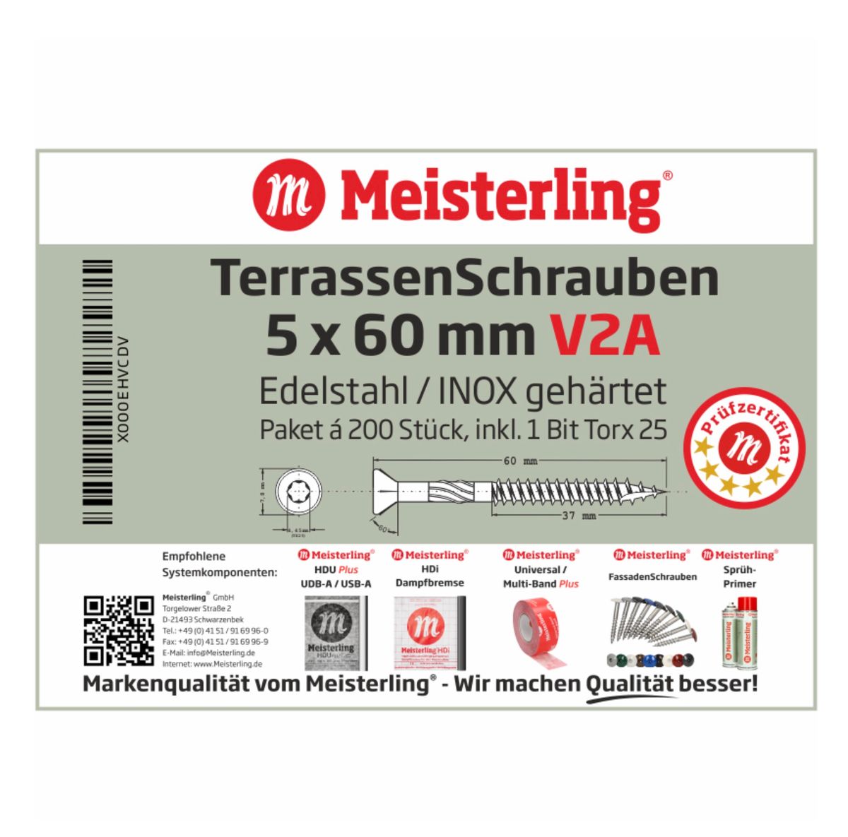 Meisterling Vis pour terrasse 90° 5x60 mm, 1200 pcs., tête fraisée, filetage Torx 2/3, acier inoxydable VA (6x 010010000211)