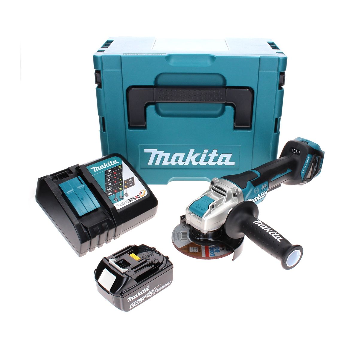 Meuleuse d'angle sur batterie Makita DGA 519 RG1J 18 V 125 mm sans balais X-Lock + 1x batterie 6,0 Ah + chargeur + Makpac