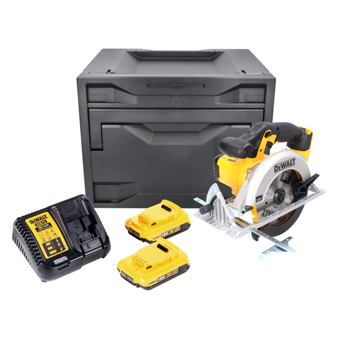 DeWalt DCS 391 D2D Akku Handkreissäge 18 V 165 mm + 2x Akku 2,0 Ah + Ladegerät + D-Box