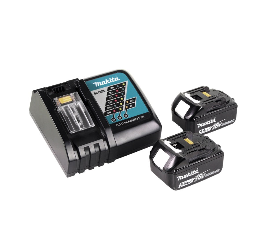 Cisaille à gazon sans fil Makita DUM 604 RT 18 V + rallonge de poignée avec rouleau + 2x batteries 5,0 Ah + chargeur