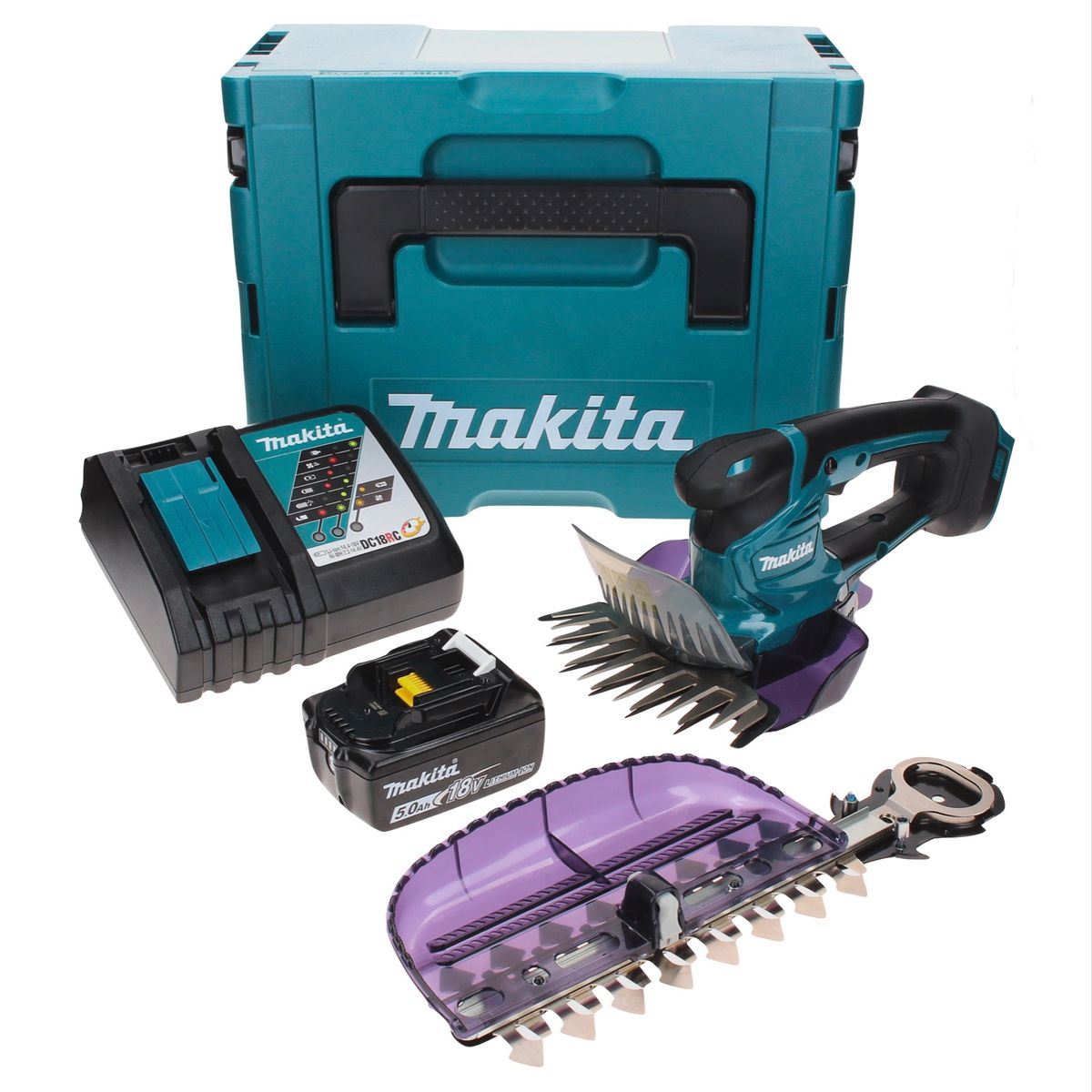 Cisaille à gazon sans fil Makita DUM 604 RT1XJ 18 V avec lame de cisaille à herbe et arbustes + 1x batterie 5,0 Ah + chargeur + Makpac