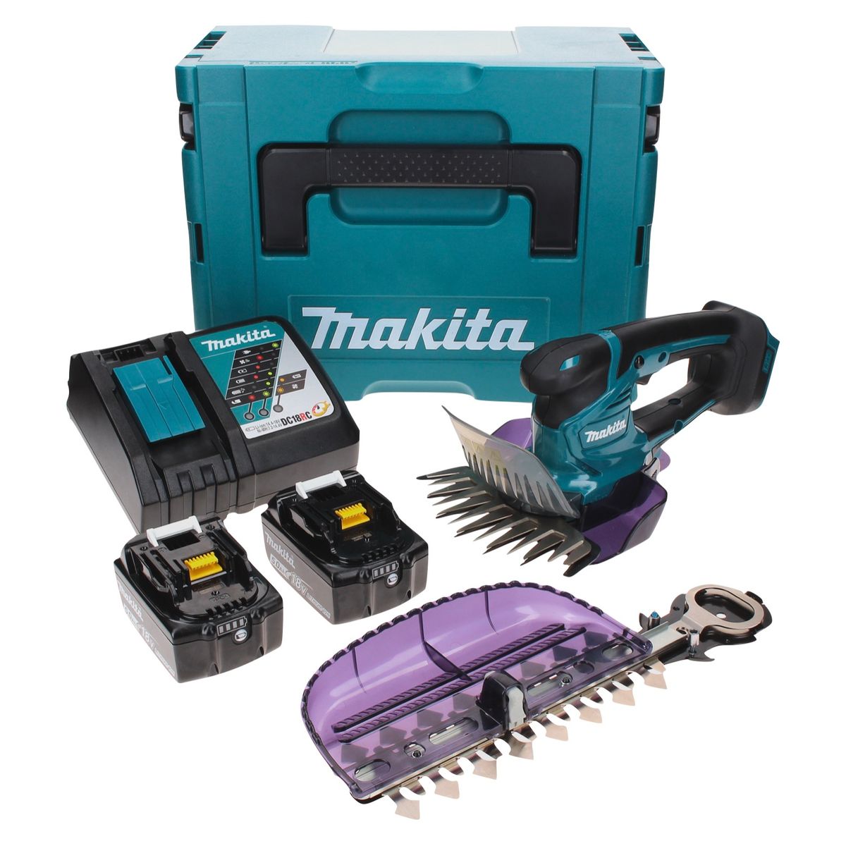 Cisaille à gazon sans fil Makita DUM 604 RTXJ 18 V avec lame de cisaille à herbe et arbustes + 2x batteries 5,0 Ah + chargeur + Makpac