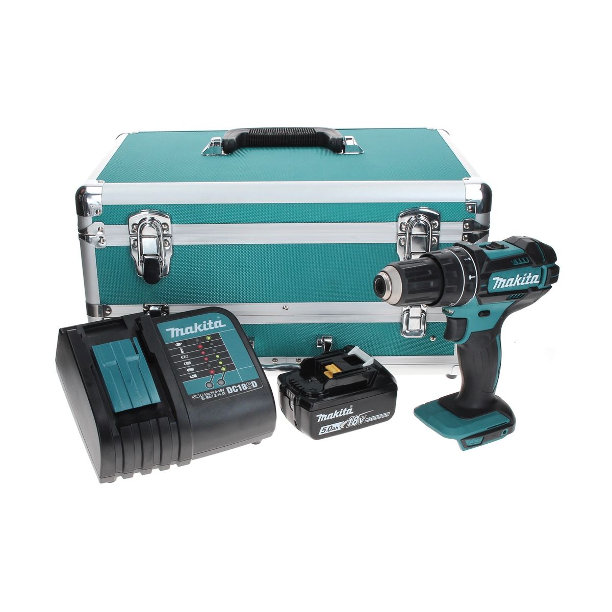 Makita DHP 482 ST1TX Perceuse visseuse à percussion sans fil 18 V 62 Nm + 1x Batterie 5,0 Ah + Chargeur + Coffret aluminium TX + Jeu d’embouts et de forets, 70 pcs.