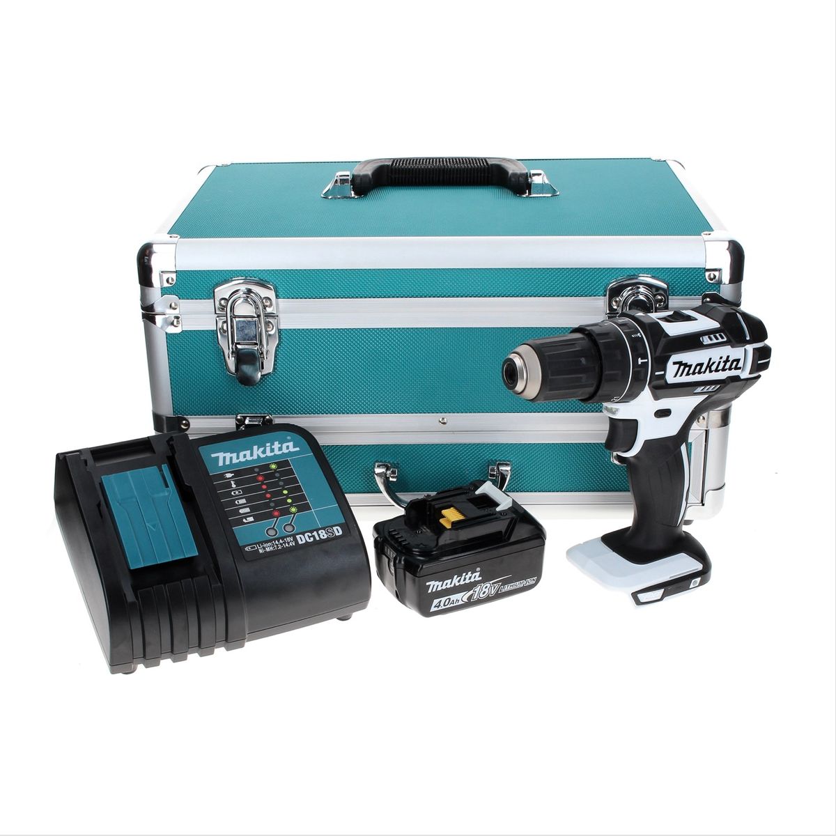 Makita DHP 482 SM1TX W Perceuse visseuse à percussion sans fil 18 V 62 Nm, blanc + 1x Batterie 4,0 Ah + Chargeur + Coffret aluminium TX + Jeu d’embouts et de forets, 70 pcs.