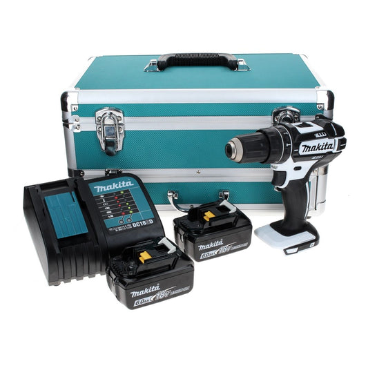 Makita DHP 482 SGTX W 18 V Perceuse-visseuse à percussion sans fil 62 Nm blanc/noir + 2x Batteries 6,0 Ah + Chargeur + Jeu de 70 mèches + Mallette en aluminium TX