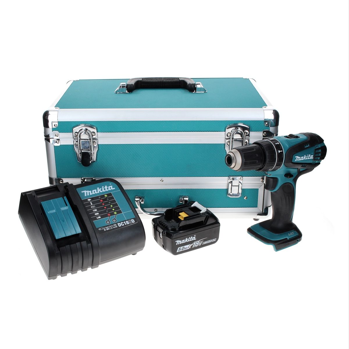 Makita DHP 456 ST1TX Akku Schlagbohrschrauber 18 V 50 Nm + 1x Akku 5,0 Ah + Ladegerät + 70 tlg. Bit Bohrer Set + TX Alu Koffer