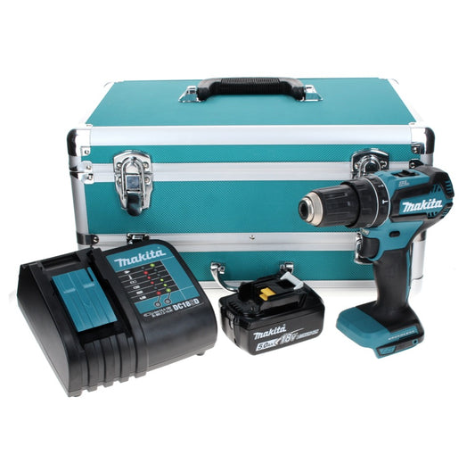 Makita DHP 485 ST1TX Perceuse à percussion sans fil 18 V 50 Nm Brushless + 1x Batterie 5,0 Ah + Chargeur + Coffret aluminium TX + Jeu d’embouts et de forets, 70 pcs.