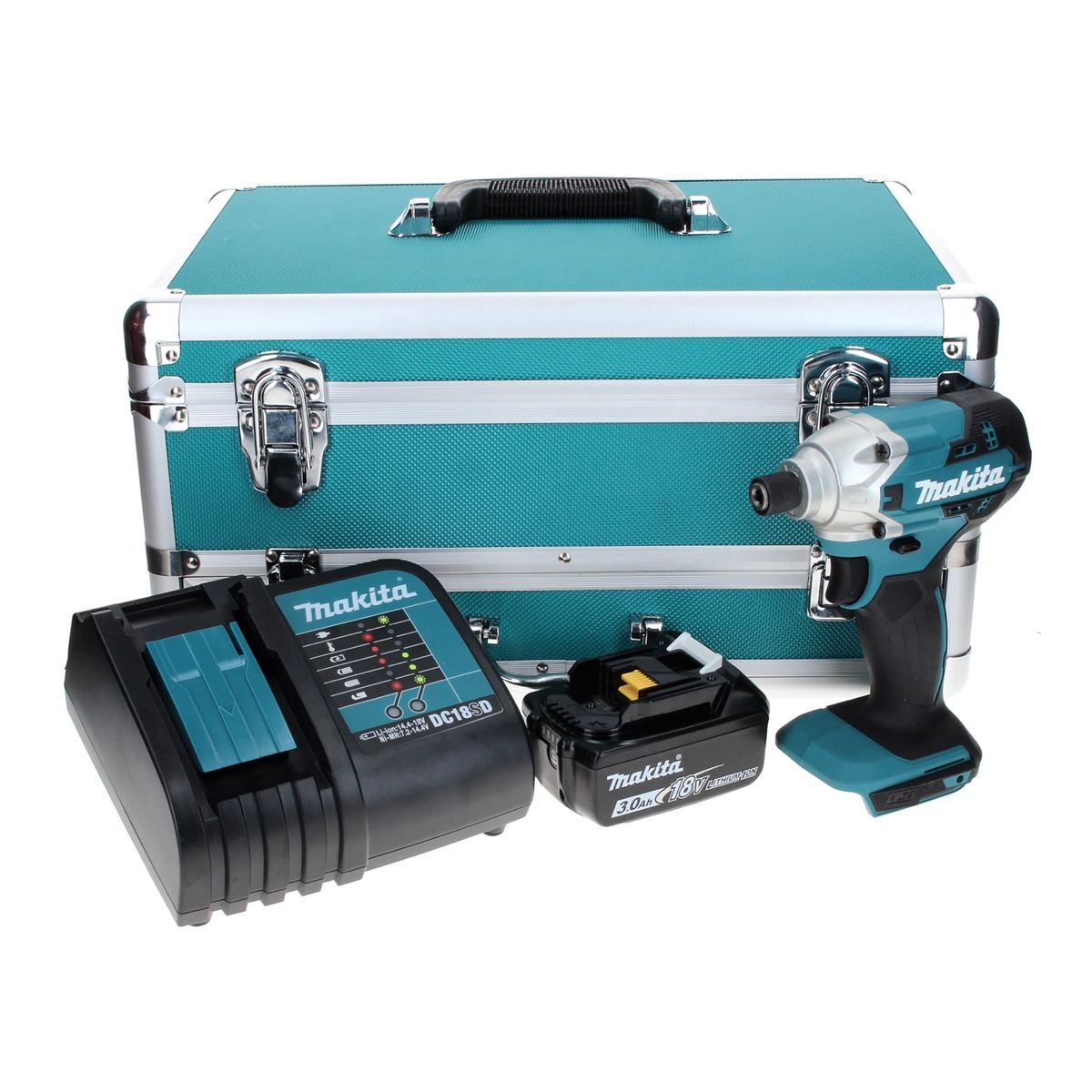 Makita DTD 156 SF1TX clé à chocs sans fil 18 V 155 Nm + 1 batterie 3,0 Ah + chargeur + jeu de 70 forets + coffret en aluminium TX