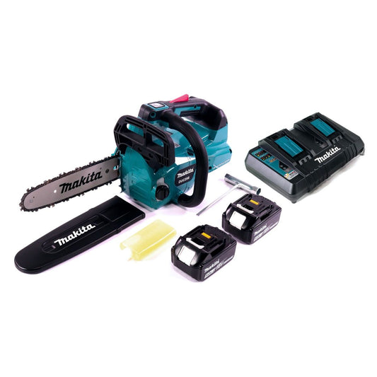 Makita DUC 256 PT Akku Kettensäge 36 V ( 2x 18 V ) Brushless 25 cm + 2x Akku 5,0 Ah + Doppelladegerät