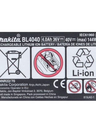 Makita BL 4040 Batterie 40 V 4 Ah avec affichage LED - Indice de protection IP64 (191B26-6)