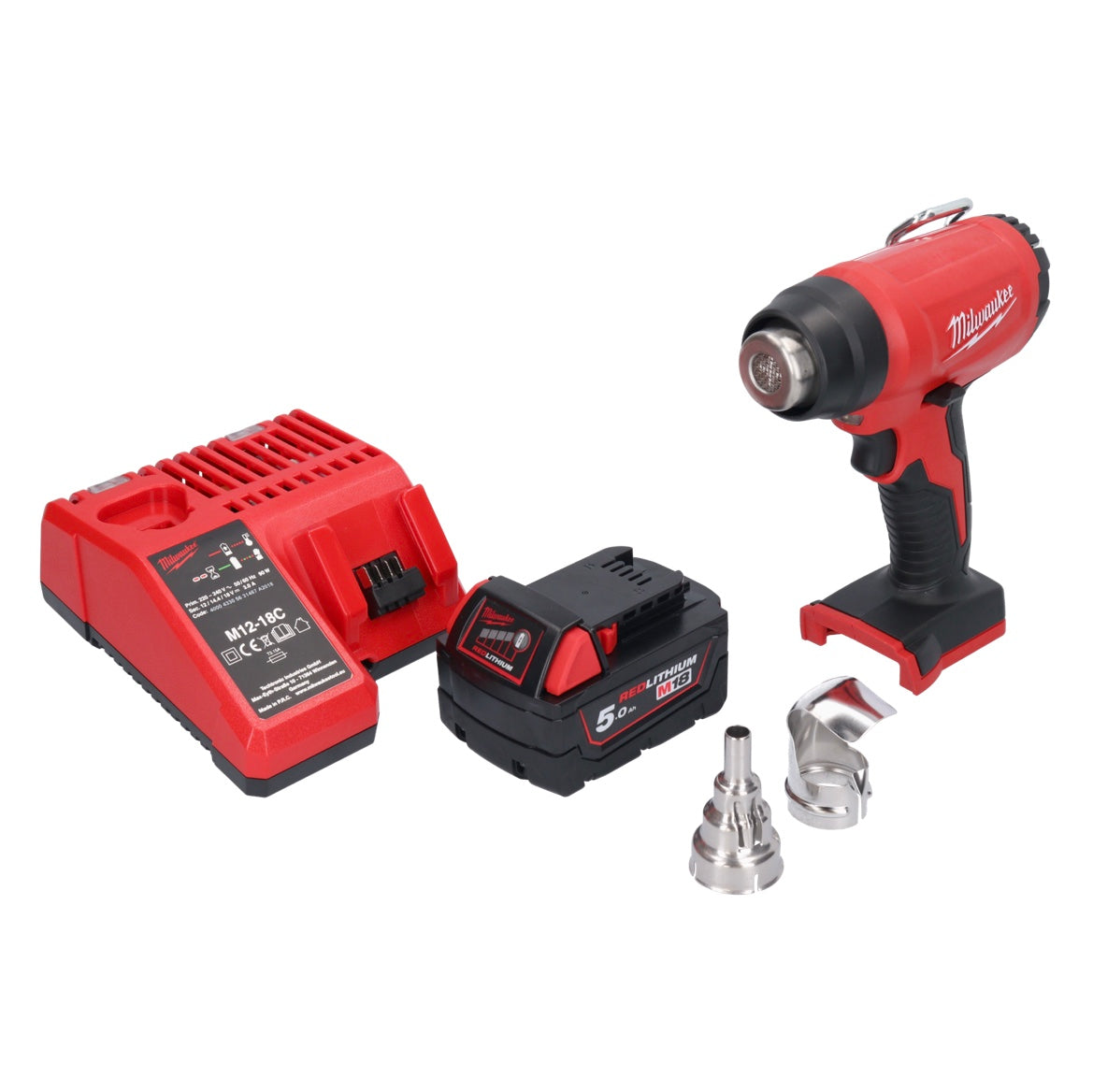 Milwaukee M18 BHG-501C Pistolet à air chaud sans fil 18 V 470 °C + 1x Batterie 5,0 Ah + Chargeur