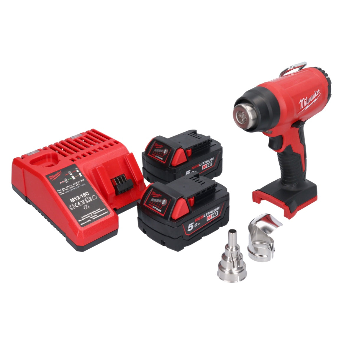 Milwaukee M18 BHG-502C Pistolet à air chaud sans fil 18 V 470 °C + 2x Batteries 5,0 Ah + Chargeur