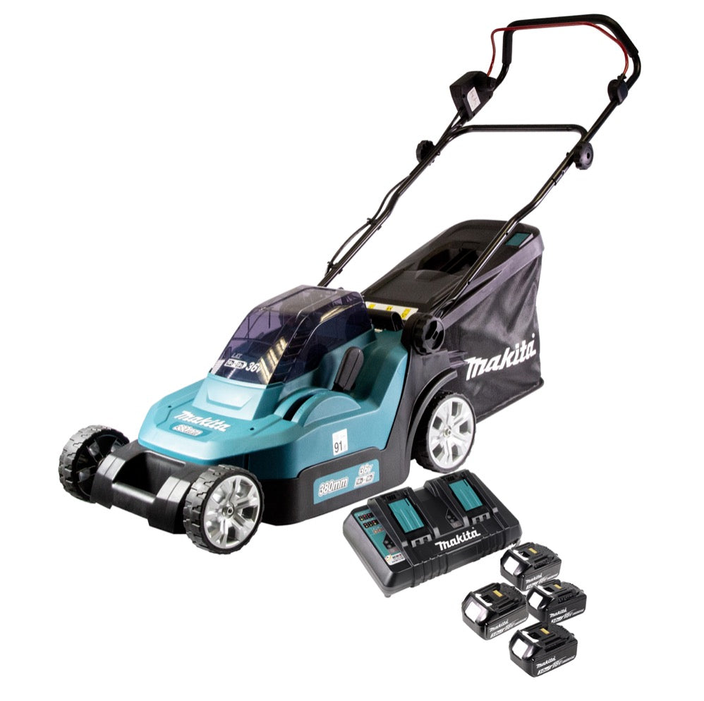 Makita DLM 432 PF4 tondeuse à gazon sans balais 36 V (2x 18 V) 43 cm + 4x batterie 3,0 Ah + double chargeur