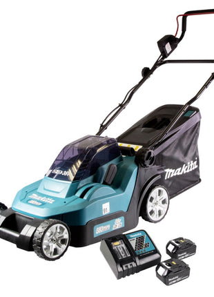 Makita DLM 432 RT2 tondeuse à gazon sans balais 36 V (2x 18 V) 43 cm + 2x batterie 5,0 Ah + chargeur