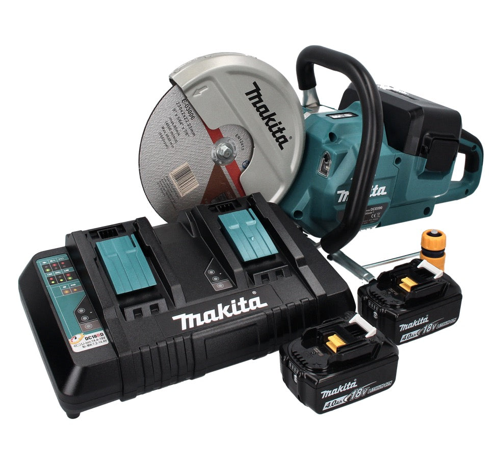 Makita DCE 090 PM2X1 tronçonneuse à batterie 36 V (2x 18 V) 230 mm sans balais + 2x batterie 4,0 Ah + double chargeur