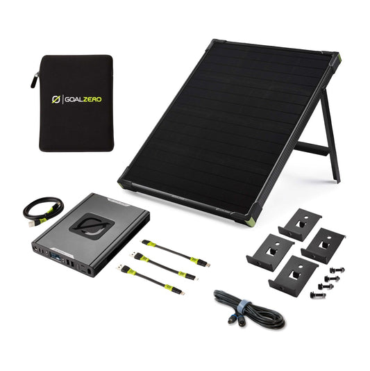 Goal Zero Sherpa 100 AC Power Bank USB C 14,8 V 6,4 Ah + Housse de protection + Panneau solaire Boulder 50 22 V 50 W 3,5 A + Rallonge 4,5 m + Kit de montage Boulder