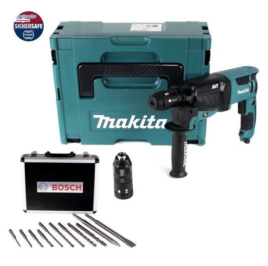 Makita HR 2631 FTJ Kombihammer 800 W SDS Plus + Schnellspannbohrfutter + Bohrer und Meißel Set 11 tlg. PGM zertifiziert + Makpac - Toolbrothers