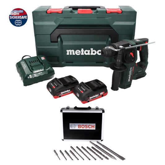 Marteau perforateur sur batterie Metabo BH 18 LTX BL 16 18 V 1,3 J SDS-plus brushless + 2x batteries 4,0 Ah + chargeur + jeu de perceuses et burins 11 pièces certifiés PGM + MetaBOX.